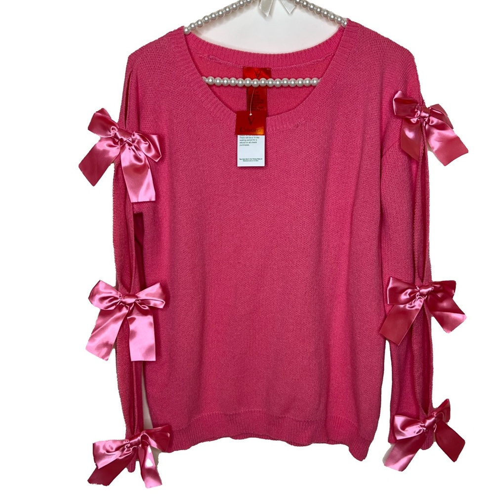 NWT V Cristina Fuchsia Pink Open Sleeve Bow Detail Sweater Size Medium